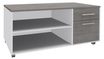 Console mobile LEVEL/STEELY/WOODY- L120 x H63 x P60 cm - 2 tiroirs dont 1 DS - coté Blanc - finition façade et dessus imitation Chêne gris