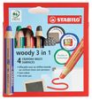 STABILO Woody 3 in 1 - Pack de 4 crayons pointe large pour ardoise - avec taille-crayon et chiffonnette - couleurs assorties