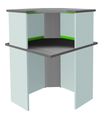 Banque d'accueil en ange 90° LUMINA - avec réhausse - L80 x H115 x P80 cm - Bande translucide Anis - Finition chêne gris/blanc