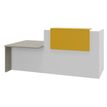 Banque d'accueil OLA - Ensemble composé d'un module haut + un module PMR et d'une tablette jaune curry - L242,5 cm - blanc perle et chêne gris