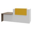Banque d'accueil OLA - Ensemble composé d'un module haut + un module PMR et d'une tablette jaune curry - L242,5 cm - blanc perle et noyer