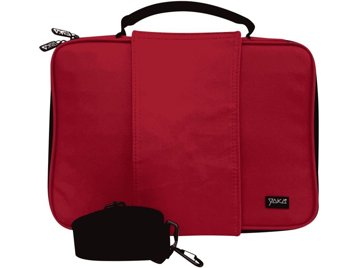 Grand sac de rangement robuste en polyester rouge, 4 compartiments, avec  courroies amovibles pour l'épaule.