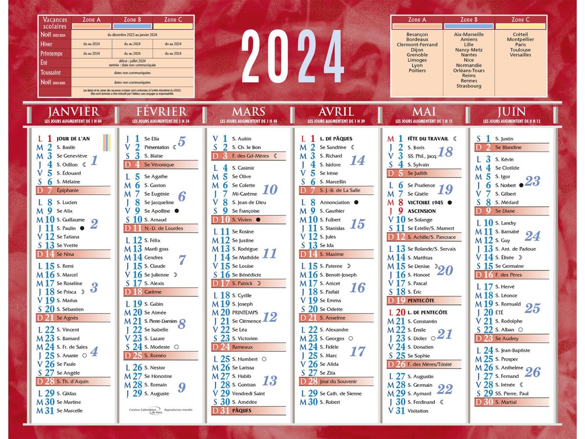 Calendrier ephemeride 2017 Carambar - valable pour 2023 puis 2034