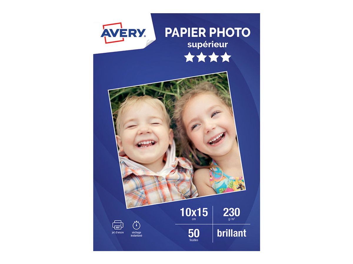 Boîte de 50 feuilles de papier photo brillant 10x15cm, jet d'encre, 230  g/m² AVERY