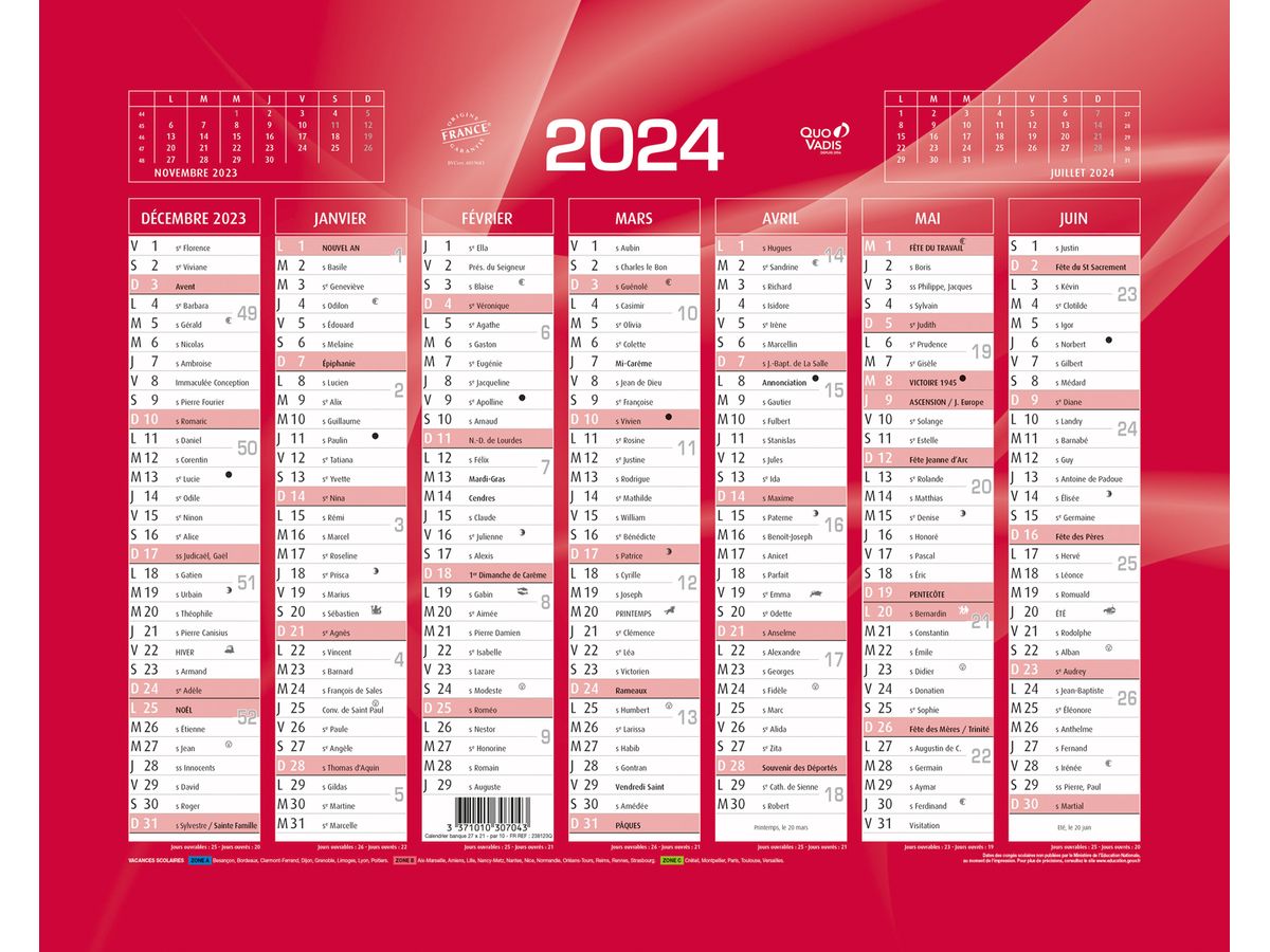 Quo vadis calendrier de banque rouge, 270 x 210 mm, 2024