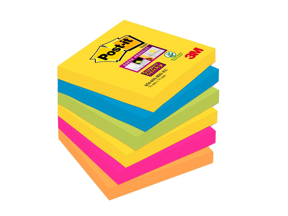 Post-it - 6 Blocs notes de 90 feuilles Super Sticky Rio - couleurs vives  assorties - 76 x 76 mm