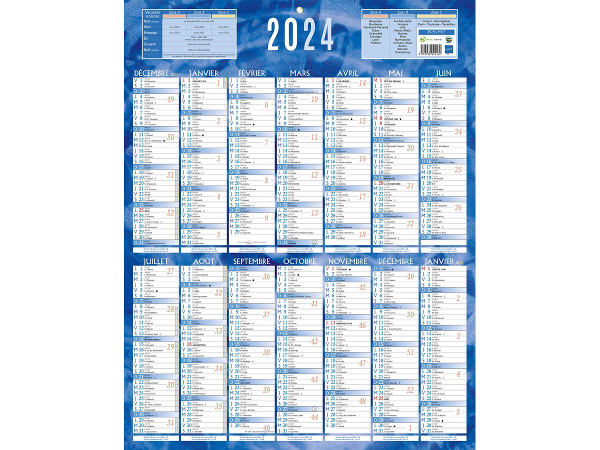 Stock Bureau - BOUCHUT Calendrier bloc mensuel à feuillets année civile 19  x 36 cm Bleu