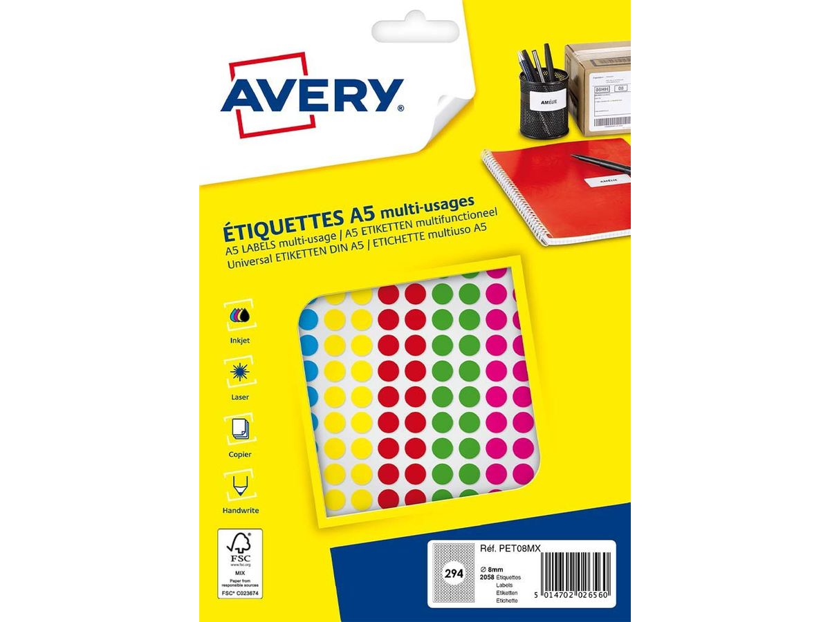 Avery - Etui A5 - 2058 Pastilles adhésives - couleurs assorties