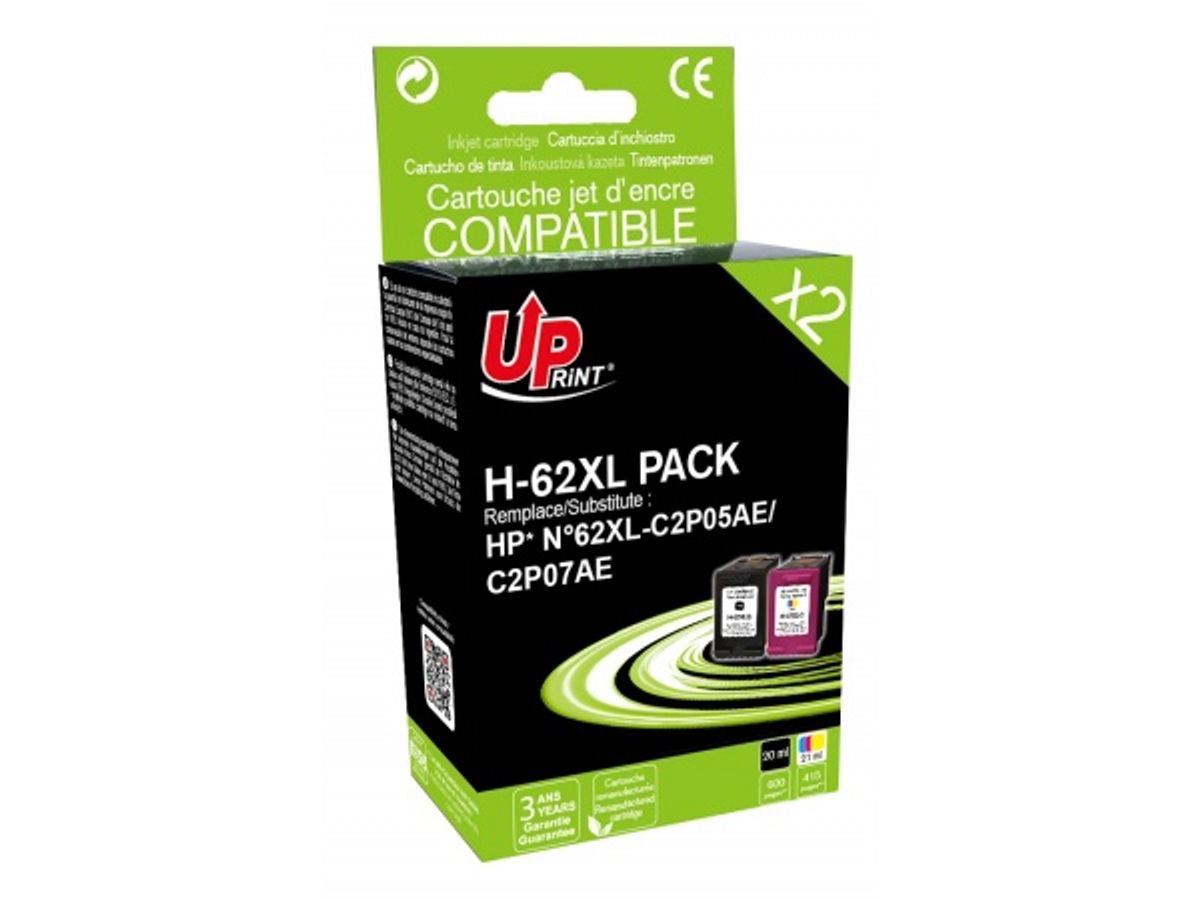 Cartouche compatible HP 62 - pack de 2 - noir, cyan, magenta, jaune -  Uprint Pas Cher