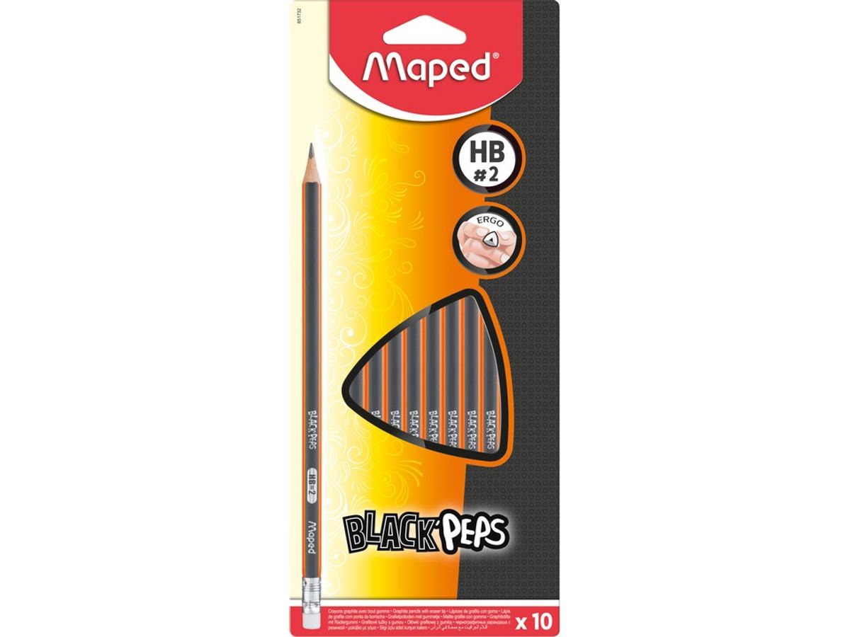 Maped Black'Peps - Pack de 10 crayons à papier - HB - 2,2 mm - embout gomme