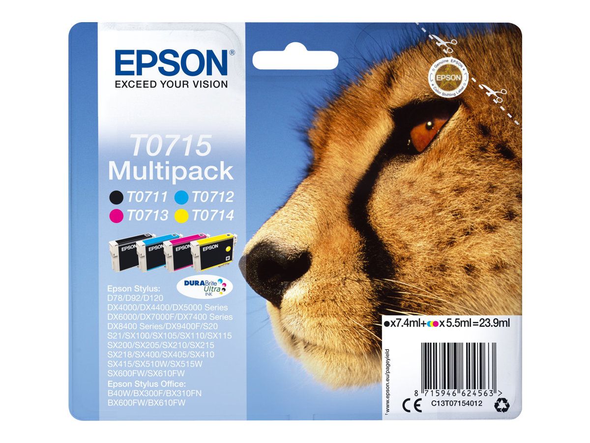 Cartouche encre Epson T0715 - Lot de 4 cartouches compatibles + 1 noire  OFFERTE. Remplace la série Epson Guépard