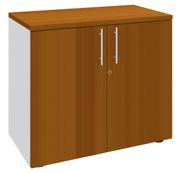 Armoire basse IRIS - H72 x L80 x P47 - 2 portes - Corps Blanc perle - Dessus et portes imitation Merisier