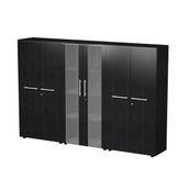 Bibliothèque haute triple Flora - L242,8xP43xH158,2 cm - 4 portes mélaminés + 2 portes vitrées - 9 étagères - frêne noir