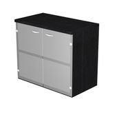 Bibliothèque basse Trend - L80xP35xH72 cm - 2 portes en verre dépoli - imitation frêne noir
