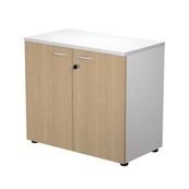 Bibliothèque basse Trend - L80xP44xH72 cm - 2 portes en mélaminé imitation chêne avec serrure - gris