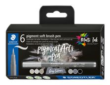 STAEDTLER Pigment soft brush 372 - 6 feutres pointe pinceau souple - gris & noir assortis