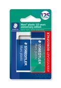 STAEDTLER Mars® plastic 526 50 - Blister 2 gommes blanche et couleur bleu/vert sans latex 65 x 23 x 13 mm - Edition Anniversaire