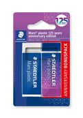 STAEDTLER Mars® plastic 526 50 - Blister 2 gommes blanche et couleur bleu/lilas sans latex 65 x 23 x 13 mm - Edition Anniversaire