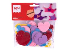 APLI kids - Jeu d'adhésifs de décoration - 40 pièces - cœurs - 30/40/50 mm - jaune, bleu ciel, mauve, rouge, rose - permanent - feutrine