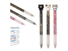 PENFECTION - Stylo gel effaçable à tête de chat - bleu 0,7 mm - différents designs - rétractable avec gomme