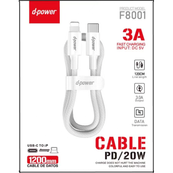 D-Power - Câble type C vers lightning 3A - nylon tressé - 1,2 m - blanc
