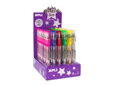 APLI Glitter - Stylo - jaune à paillettes, bleu paillettes, paillettes blanches, rouge à paillettes, rose paillette, vert à paillettes - 1 mm (pack de 48)