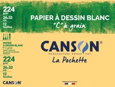 Canson C à grain - Pochette papier à dessin - 12 feuilles - 24 x 32 cm - 224 gr - blanc