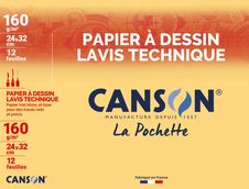 Canson Lavis Technique - Pochette papier à dessin - 12 feuilles - 24 x 32 cm - 160 gr - blanc