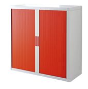 Armoire mi-haute à rideaux EASY OFFICE - 110 x 104 x 41,5 cm - Corps blanc - Rideaux et poignée rouge