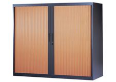 Armoire basse à rideaux - L120  x H105 x P43 cm - 2 tablettes - corps anthracite / porte merisier