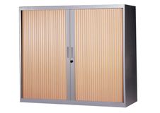 Armoire basse à rideaux - L120  x H105 x P43 cm - 2 tablettes - corps silver / porte hêtre