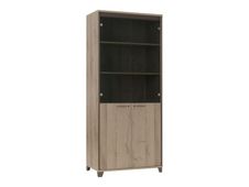 Armoire haute MAMBO - L80 x H187 x P46 - 2 portes vitrées, 2 portes pleines - Chêne/chocolat