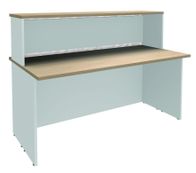 Banque d'accueil LUMINA - avec réhausse - L140 x H115 x P80 cm - Bande translucide Blanche - Finition chêne clair/blanc