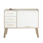 Meuble Cylindre Vintage - 3 Tiroirs Blancs - Pieds Chêne - Rideau blanc