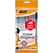 BIC Cristal Original - 15 Stylos à bille - noir, rouge, bleu, vert