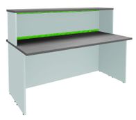 Banque d'accueil LUMINA - avec réhausse - L140 x H115 x P80 cm - Bande translucide Anis - Finition chêne gris/blanc