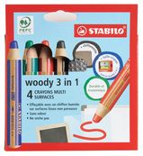 STABILO Woody 3 in 1 - Pack de 4 crayons pointe large pour ardoise - avec taille-crayon et chiffonnette - couleurs assorties