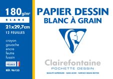 Clairefontaine Dessin à Grain - Pochette papier à dessin - 12 feuilles - A4 - 180 gr - blanc