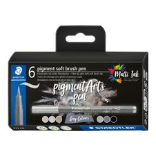 STAEDTLER Pigment soft brush 372 - 6 feutres pointe pinceau souple - gris & noir assortis