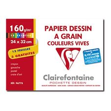 Clairefontaine Dessin à Grain - Pochette papier à dessin  - 15 feuilles - 24 x 32 cm - 160 gr - couleurs assorties