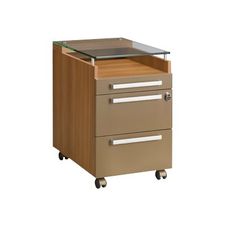 Caisson mobile SLIVER - Profondeur 62 cm - 2 tiroirs + 1 tiroir plumier - Top en verre trempé - Noyer et bronze