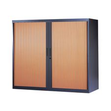 Armoire basse à rideaux - L120  x H105 x P43 cm - 2 tablettes - corps anthracite / porte merisier