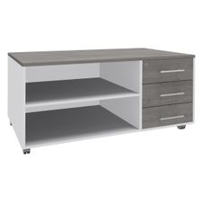 Console mobile LEVEL/STEELY/WOODY - L120 x H63 x P60 cm - 3 tiroirs - coté Blanc - finition façade et dessus imitation Chêne gris