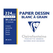 Clairefontaine Dessin à Grain - Pochette papier à dessin - 12 feuilles - 24 x 32 cm - 224 gr - blanc