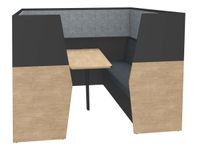 Box acoustique IN'TEAM - L210 x H 150 x P170 cm - 6 places avec table - structure chêne clair et carbone - panneaux gris chiné