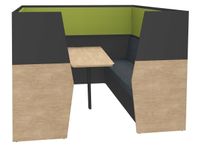 Box acoustique IN'TEAM - L210 x H 150 x P170 cm - 6 places avec table - structure chêne clair et carbone - panneaux vert chartreux