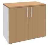 Armoire basse IRIS - H72 x L80 x P47 - 2 portes - Corps Blanc perle - Dessus et portes imitation Hêtre