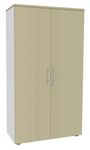 Armoire haute IRIS - H180 x L80 x P47 - 2 portes - Corps Blanc perle - Dessus et portes imitation Erable