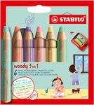 Stabilo woody 3 in 1 - 6 Crayons de couleur + taille-crayon - 10 mm - couleurs pastels assorties