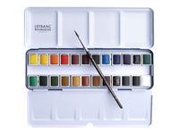 Lefranc Bourgeois - 24 Demi-godets de peinture aquarelle fine avec pinceau et palettte - boîte métal - couleurs assorties
